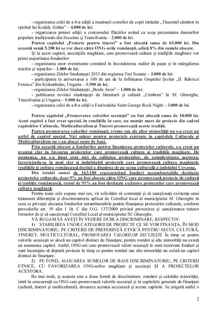 Sesizare FCRCHM CNCD fonduri publice Sf Gheorghe UDMR 1