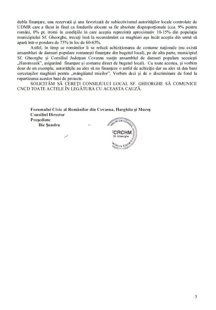 Sesizare FCRCHM CNCD fonduri publice Sf Gheorghe UDMR 2