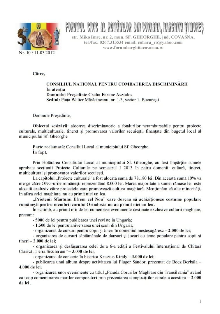 Sesizare FCRCHM CNCD fonduri publice Sf Gheorghe UDMR