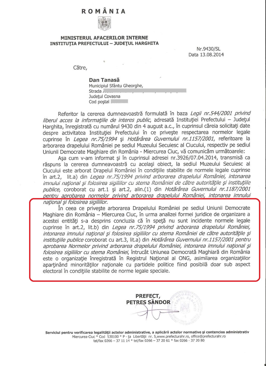 adresa august 2014 prefectura harghita petres sandor dan tanasa UDMR ONG drapel Romania